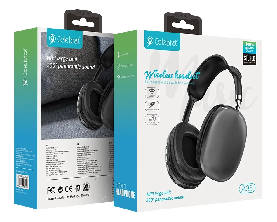 CELEBRAT headphones A35, ασύρματα & ενσύρματα, micro SD, 40mm, 200mAh, μαύρα