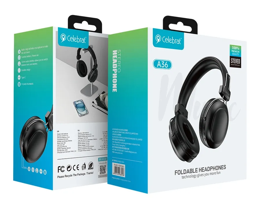 CELEBRAT headphones A36, ασύρματα & ενσύρματα, micro SD, 40mm, 250mAh, μαύρα