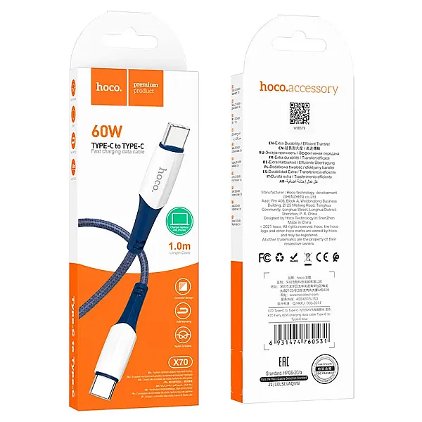 Hoco Καλώδιο φόρτισης Type-C σε Type-C X70 60W Μπλέ