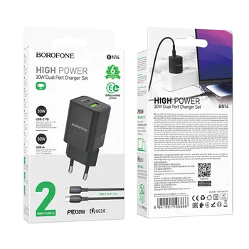 Borofone BN14 Φορτιστής GaN με Θύρα USB-A και Θύρα USB-C και Καλώδιο USB-C - Lightning 30W Μάυρο