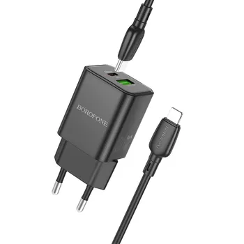 Borofone BN14 Φορτιστής GaN με Θύρα USB-A και Θύρα USB-C και Καλώδιο USB-C - Lightning 30W Μάυρο