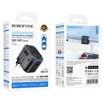 Borofone Travel charger adapter BAC12 - 2xUSB + Typ C - USA, UK, EU, AU Μάυρο